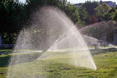 Lawn sprinklers spraying water on green grass