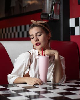 Woman in retro diner enjoying a pink milkshake, capturing nostalgic vintage vibes.