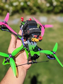 Vibrant racing drone with colorful blades held in a hand, perfect for technology enthusiasts.