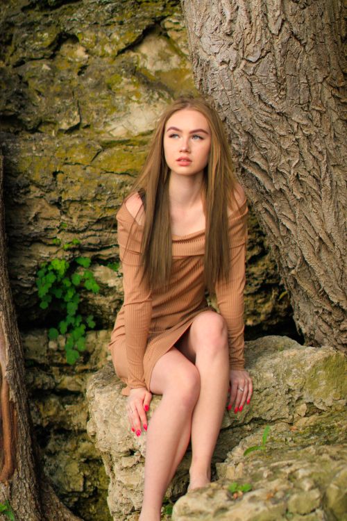 Woman in Brown Long Sleeve Dress Sitting on Rock · Free Stock Photo