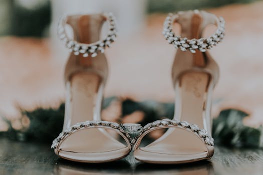 Close-up of elegant bridal heels adorned with diamond details, perfect for a wedding.