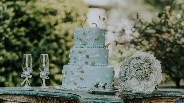 Beautiful blue wedding cake with floral decor and a bouquet, perfect for a romantic setting.