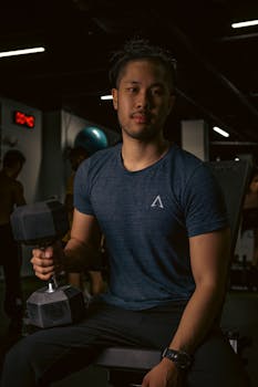 Asian man sitting in a gym holding a dumbbell, focused on fitness training.