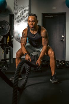 A muscular man exercises with battling ropes in a gym for strength training.
