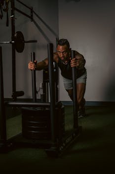 Strong man pushing weighted sled in indoor gym setting, showcasing intense workout focus.