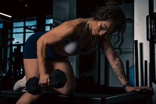 A woman performs a strength workout lifting a dumbbell in an indoor gym, demonstrating determination and fitness.