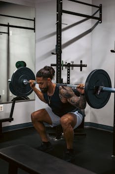 A tattooed man performing a squat with a barbell, emphasizing strength and fitness.