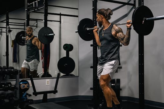 Muscular man lifting a barbell indoors, showcasing strength and fitness in a gym setting.