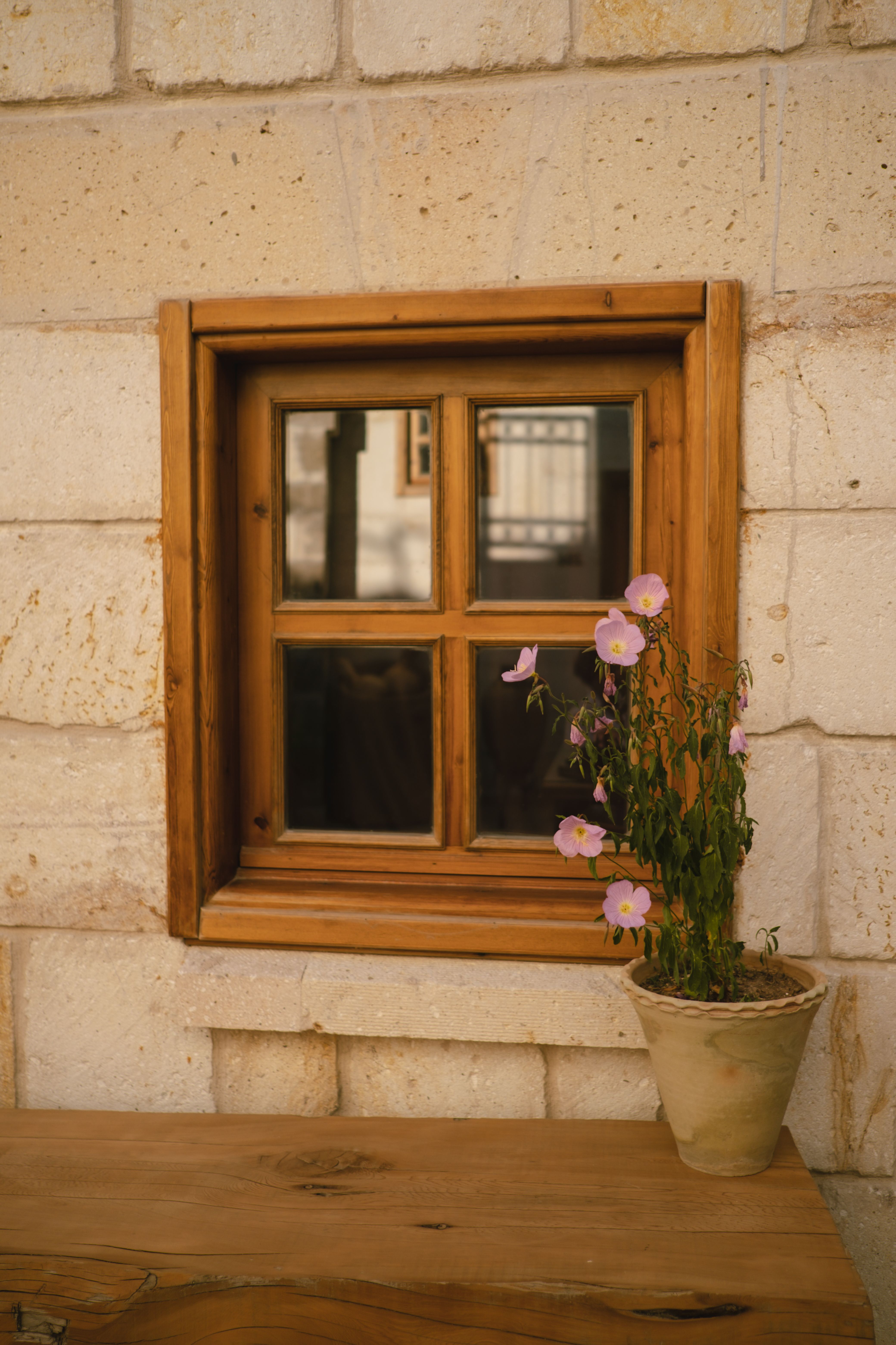 Exterior Design of Wooden Window Frame with Potted Flowers on Wood ...