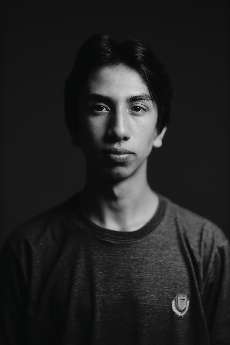 Grayscale Photo Of A Young Man Crew Neck Shirt