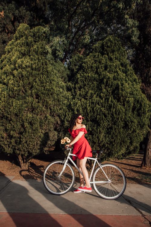 Free Elegant woman in a red dress with a bicycle, enjoying a sunny day in the park. Stock Photo