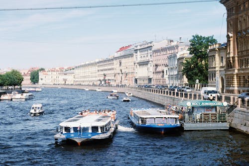 Passenger Ships on River in City in Russia