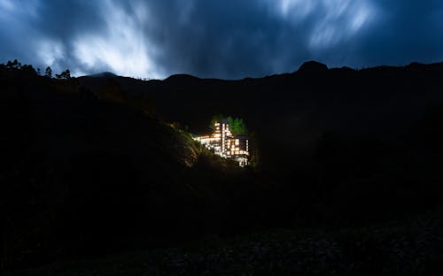 Bright Lights of a Mountain Hotel at Night