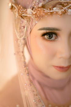 A close-up portrait of a woman wearing elegant traditional clothing with detailed beadwork.