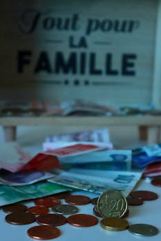Close-up of euro coins and bills against a French family-themed backdrop.