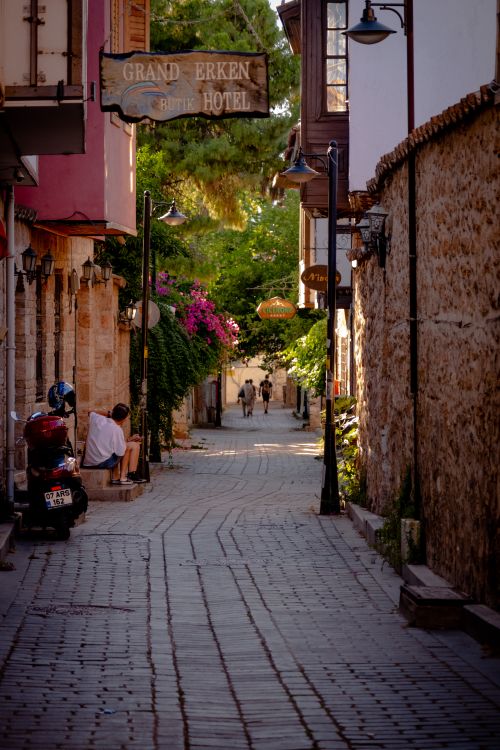 Free Explore a picturesque cobbled street with historic buildings and lush greenery in the morning light. Stock Photo