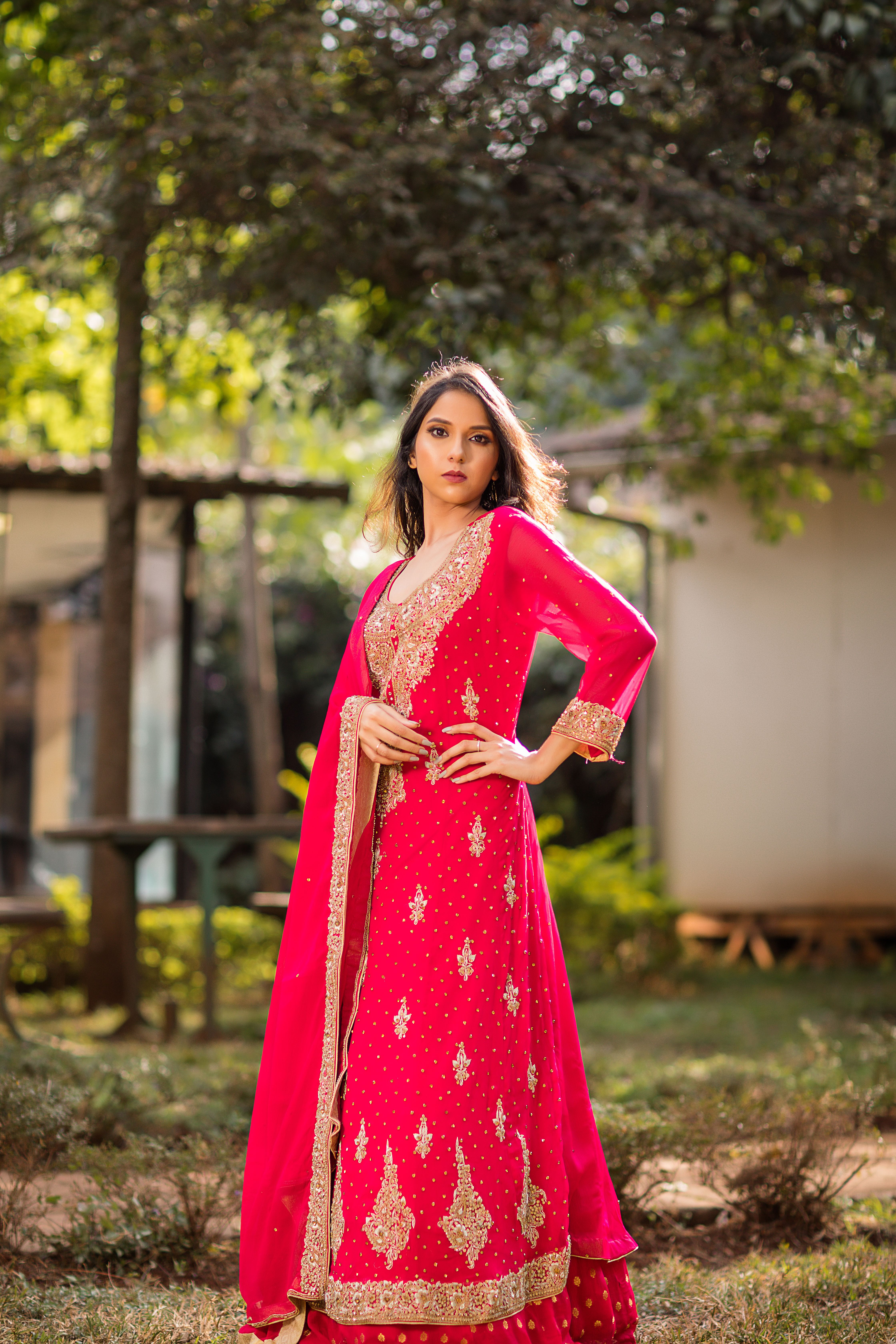 A Woman Posing while Wearing a Pink Sari · Free Stock Photo