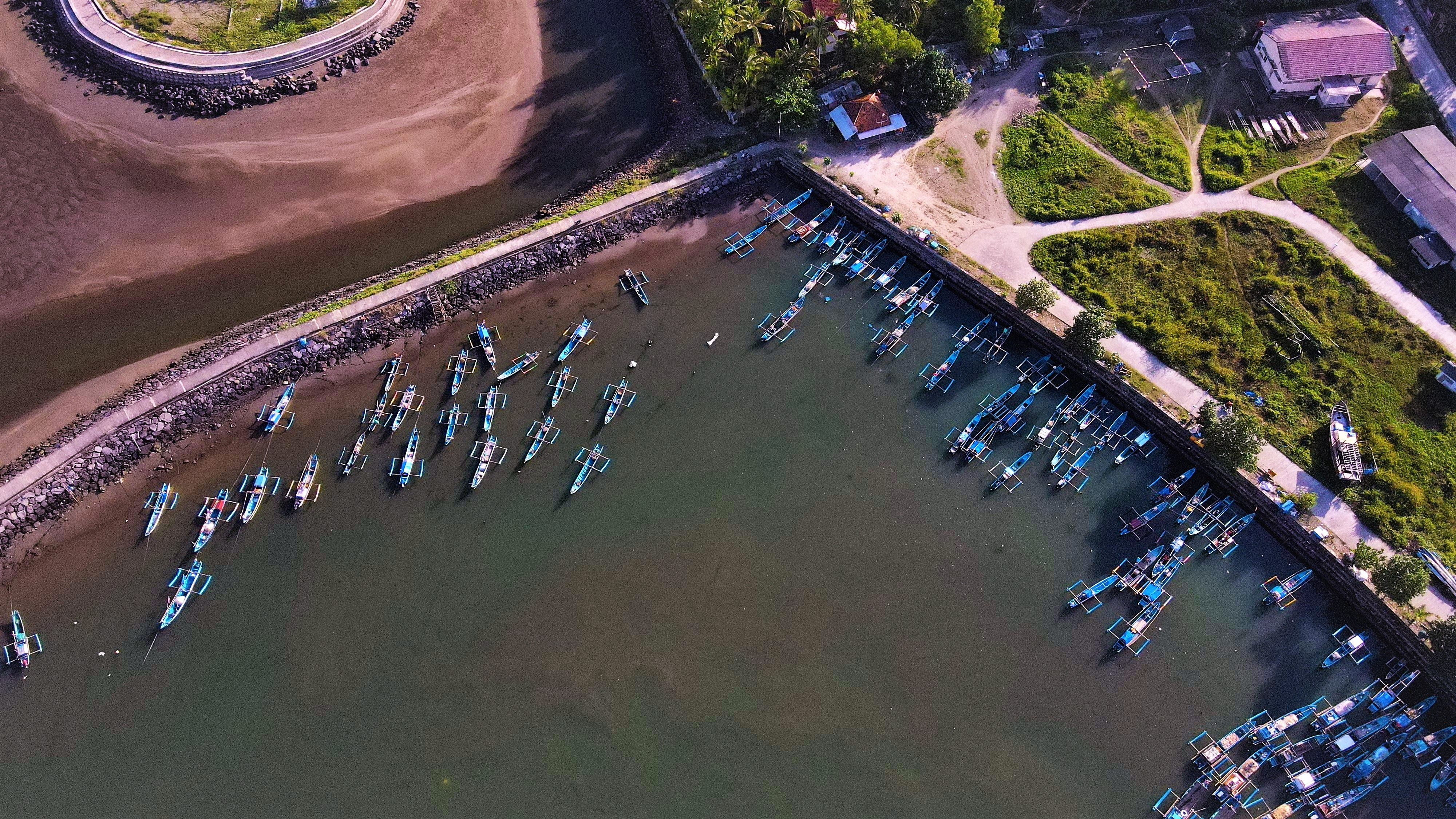 An Aerial Shot of Fishing Boats Docked on a Shore · Free Stock Photo
