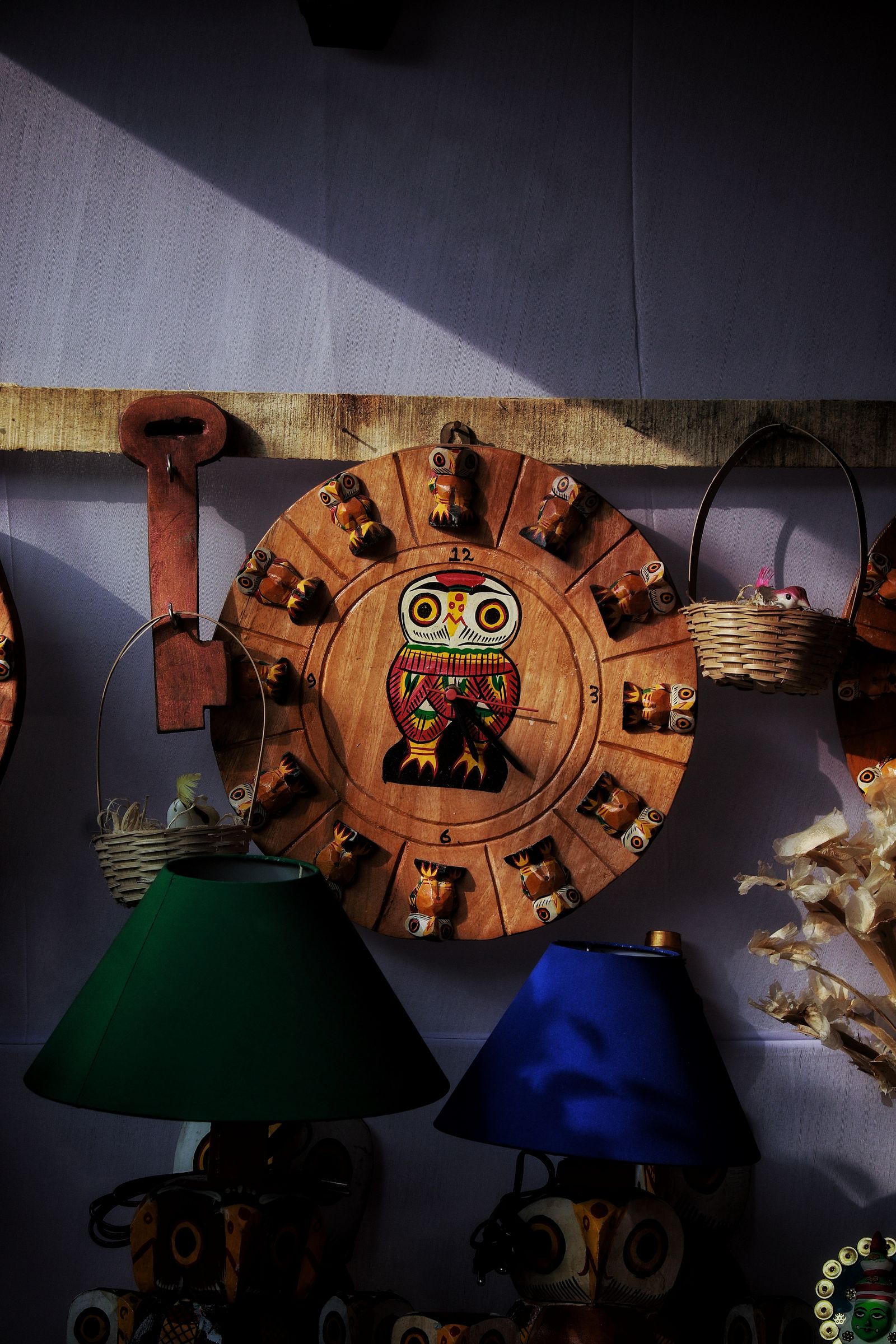 Hand-painted wooden owl clock and Indian handicraft home decor