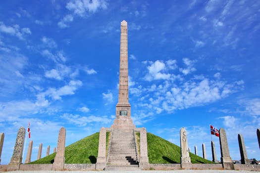 Stunning view of the Haraldshaugen monument under a clear blue sky in Haugesund, Norway.