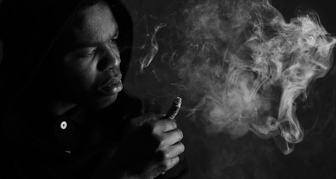 A dramatic black and white portrait of a man in a hood smoking, surrounded by smoke.