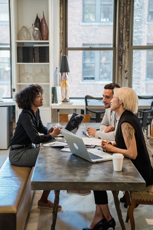 Free A diverse group of professionals having a meeting at an office table with laptops. Stock Photo