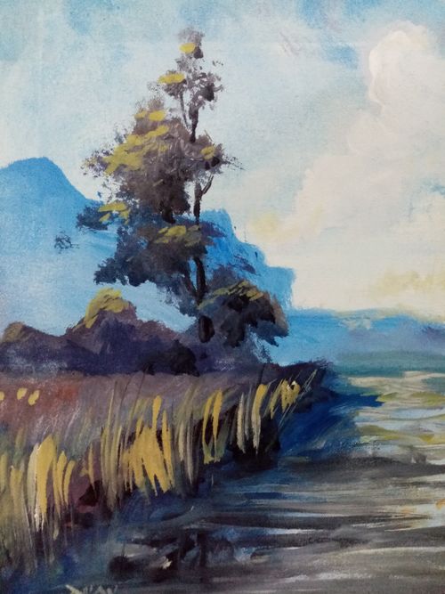 Free Painting of Nature Forest River and Mountain Stock Photo