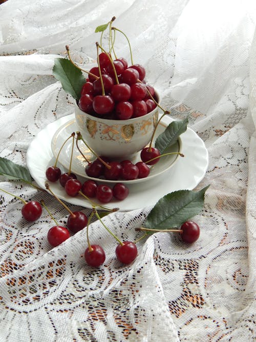 A Bunch of Cherries with Stems in a White Bowl