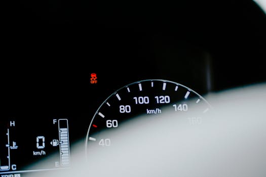 Detailed close-up of a car speedometer displaying a digital reading and warning light.