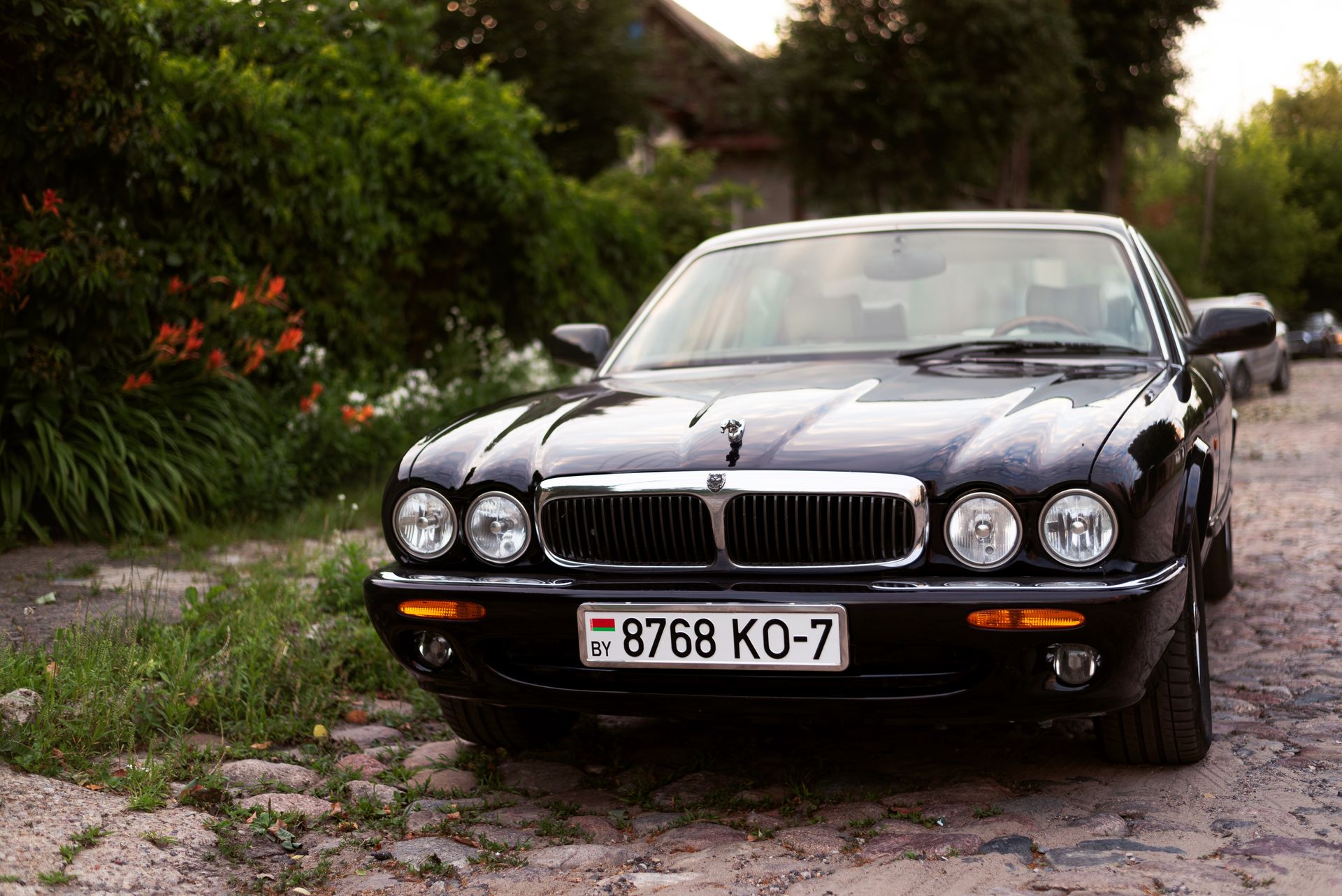 Elegant black Jaguar car parked on cobblestone street beside lush greenery.