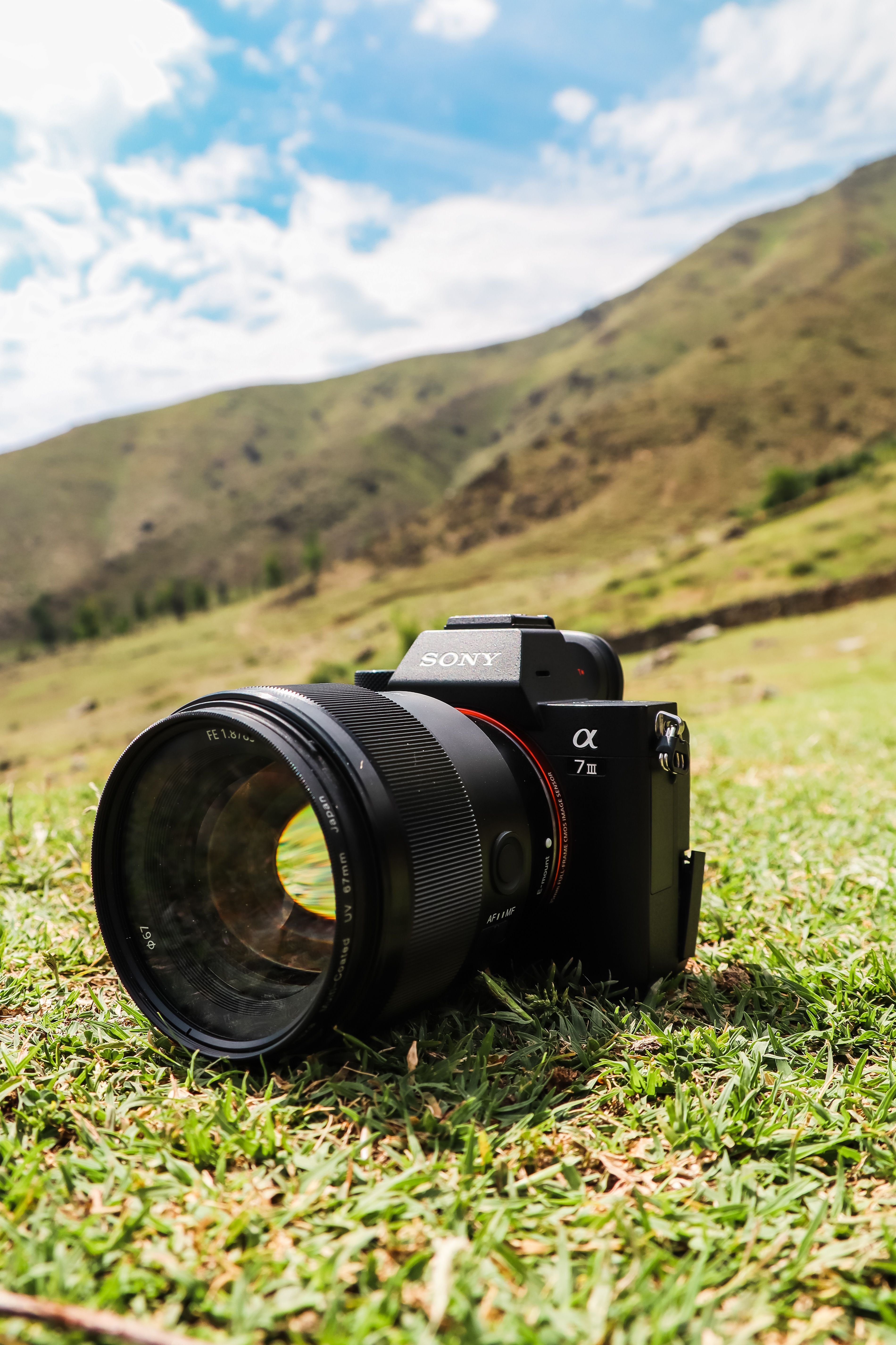 Photograph of a professional camera resting on a grassy hill with a scenic landscape in the background.