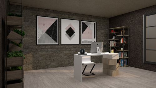 Free Stylish modern office with geometric art and sleek furniture, featuring a tidy workspace and decorative elements. Stock Photo