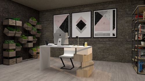 Free Contemporary office scene with geometric art, green plants, and sleek furniture design. Stock Photo