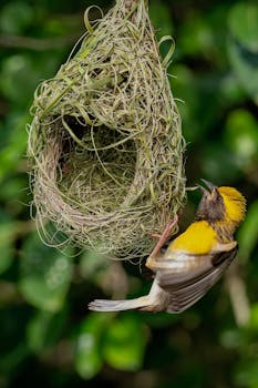 A Baya Weaver bird intricately builds its hanging nest in Pollachi, India.