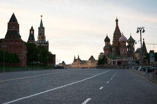 Street with St Basils Cathedral behind in Moscow