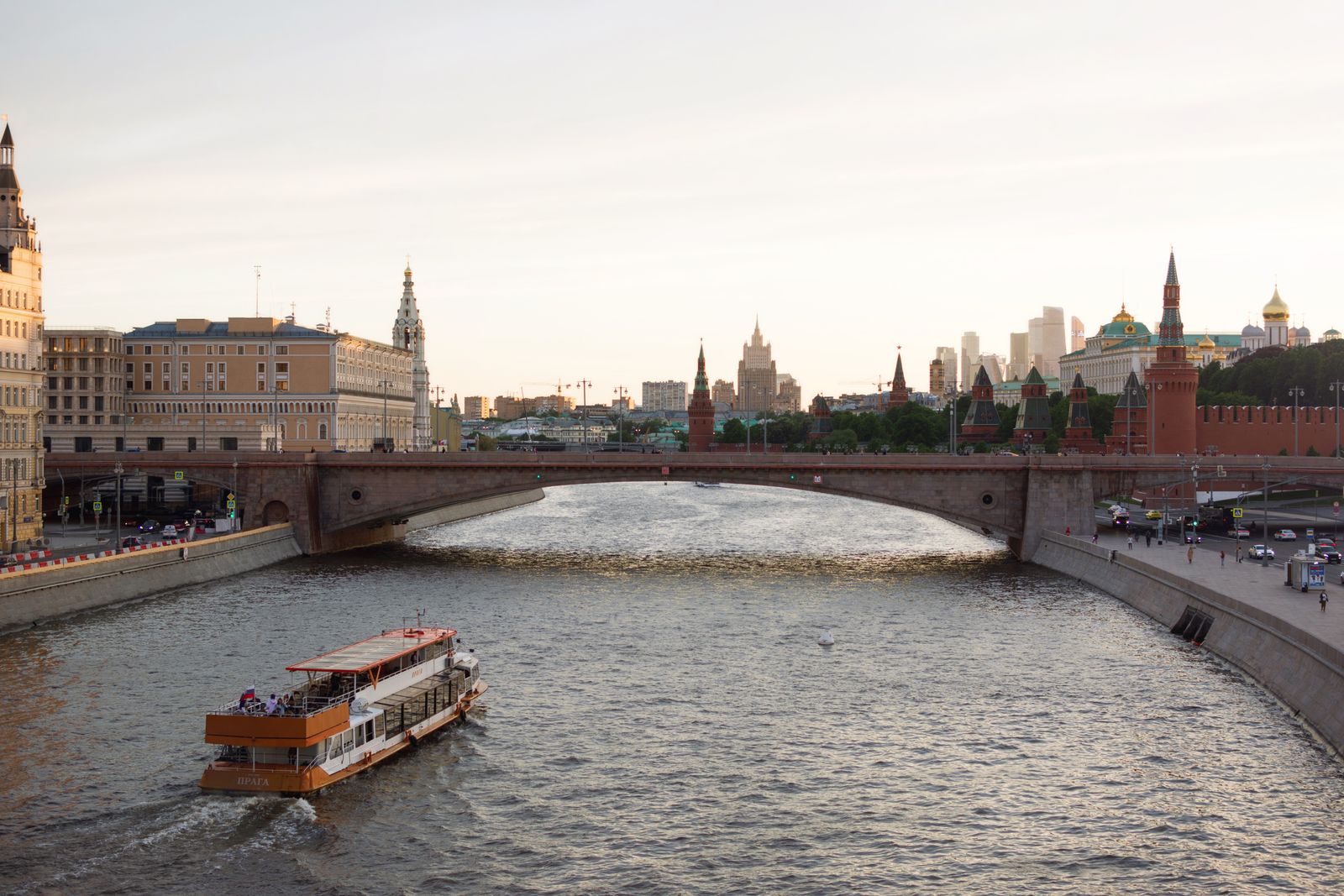 Moscow River cruise Kremlin dusk boat illuminated