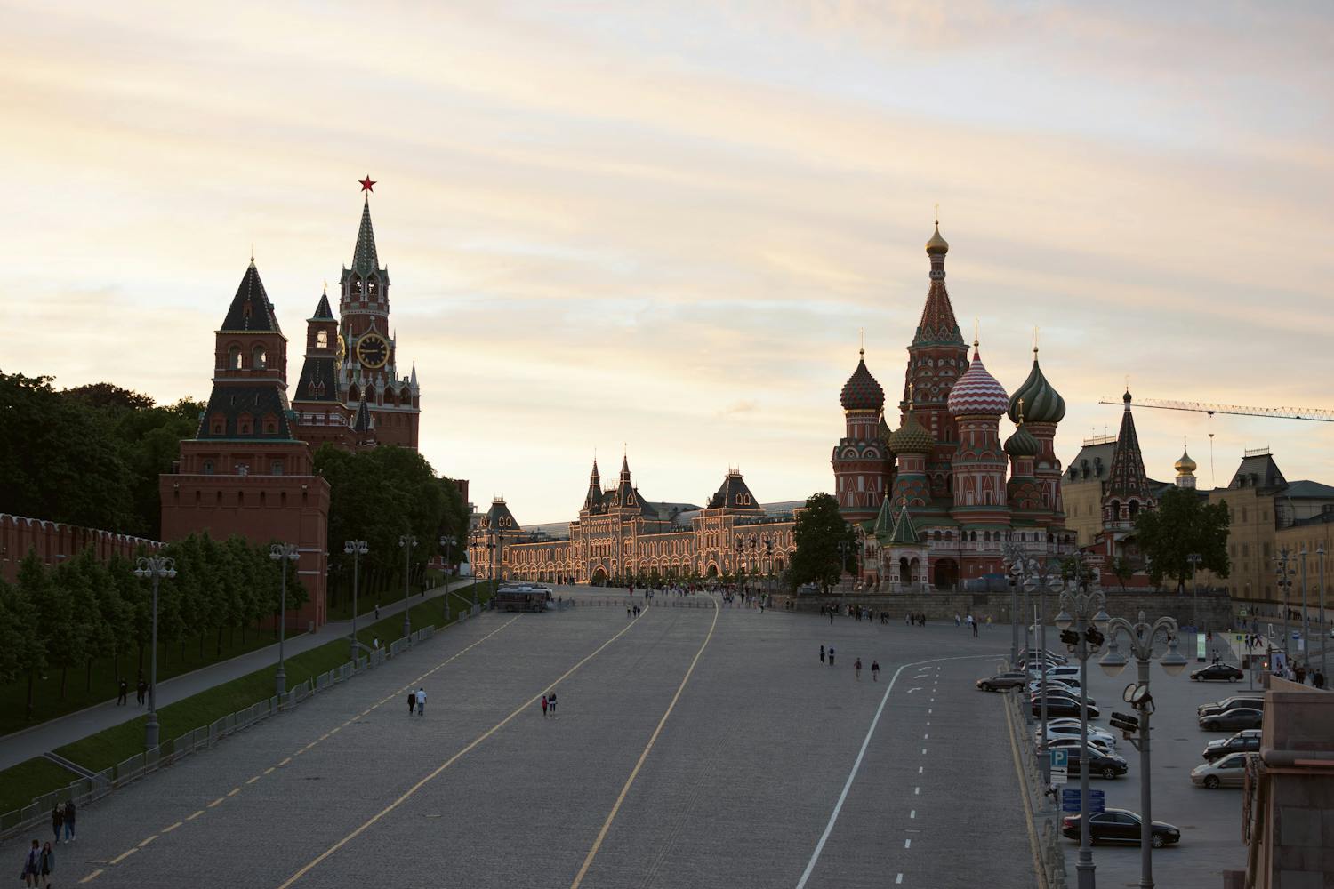 View of Red Square and Saint Basil's Cathedral in Moscow at sunset