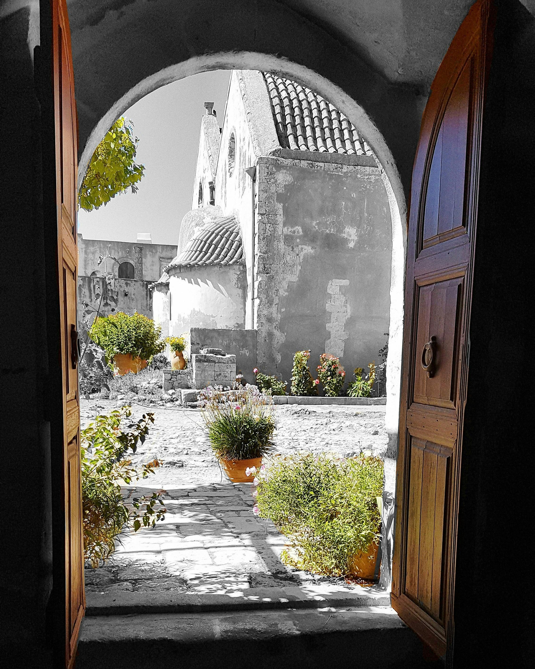 Free stock photo of cloister, green, old door