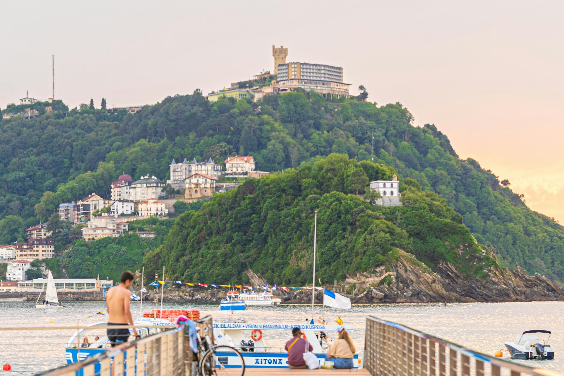 A picturesque view of a coastal town with vibrant greenery and boats on the water, ideal for travel and leisure imagery.