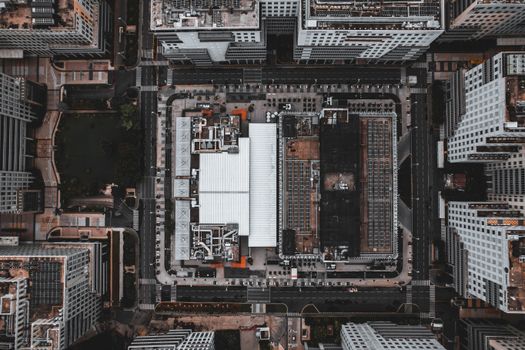 Drone shot showcasing urban buildings and streets in Chennai, India.