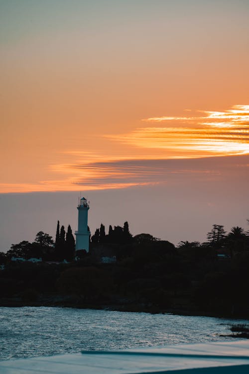 Lighthouse over Sea Coast at Sunset