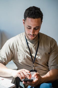 Adult man sitting and using smartphone in a well-lit office setting.