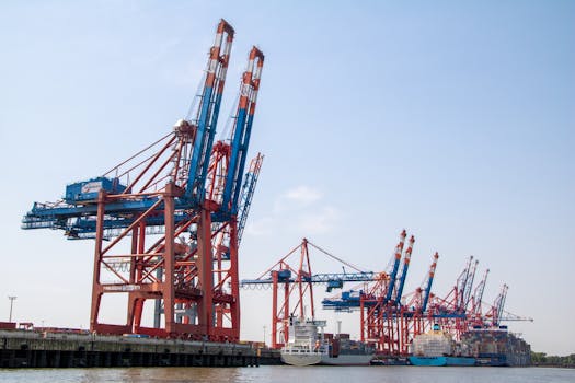 A clear view of shipping cranes at the bustling Hamburg Port on a sunny day.