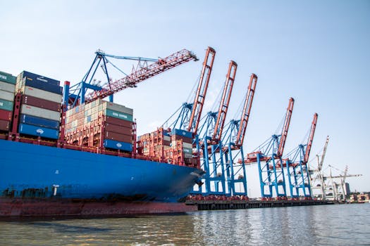 A large container ship docked at the Port of Hamburg, surrounded by red and blue cranes.