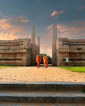 Two monks in orange robes walking towards the ancient Raya Gopura entrance at Melkote, India, during sunset.
