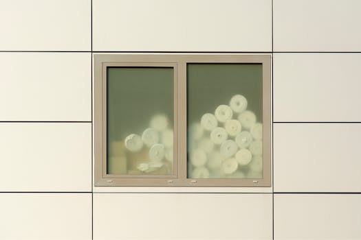 A modern building facade featuring a glass window with abstract reflection of rolls inside.