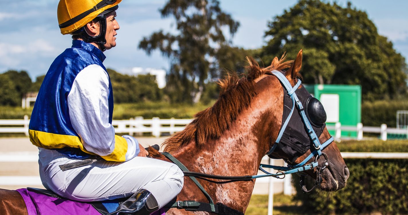 Jockey en selle sur un cheval lors d'une course de plat en plein jour sur un hippodrome