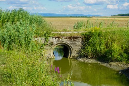 Free A tranquil rural scene showcasing a canal surrounded by vibrant greenery and open fields under a blue sky. Stock Photo