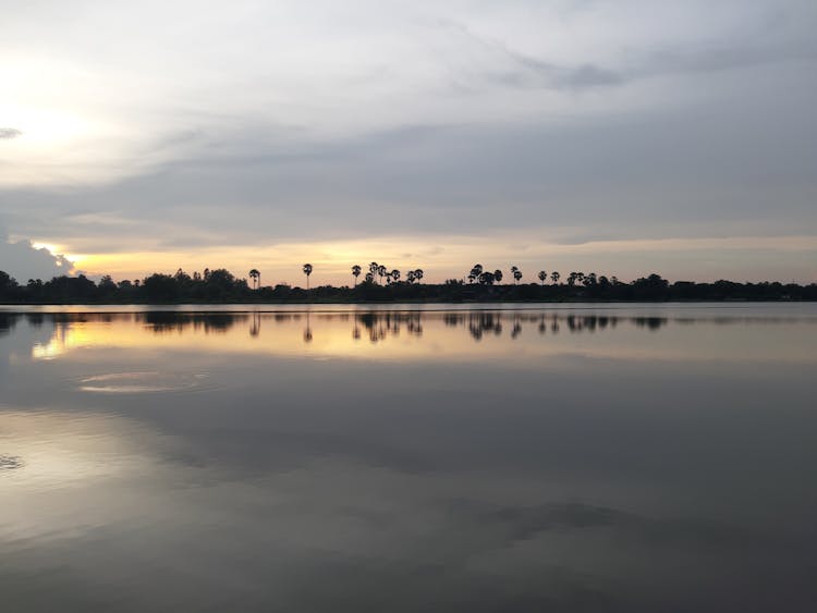 River Bank Reflection In Water On Sunset