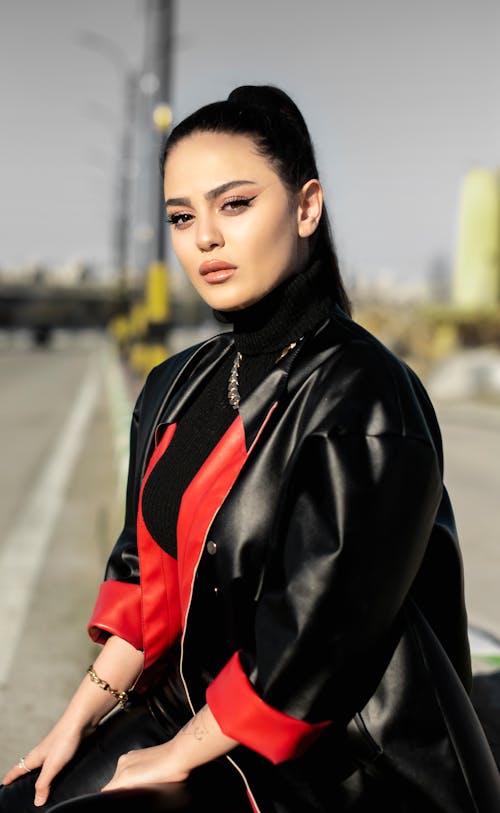 Stylish Woman in Black Leather Jacket 